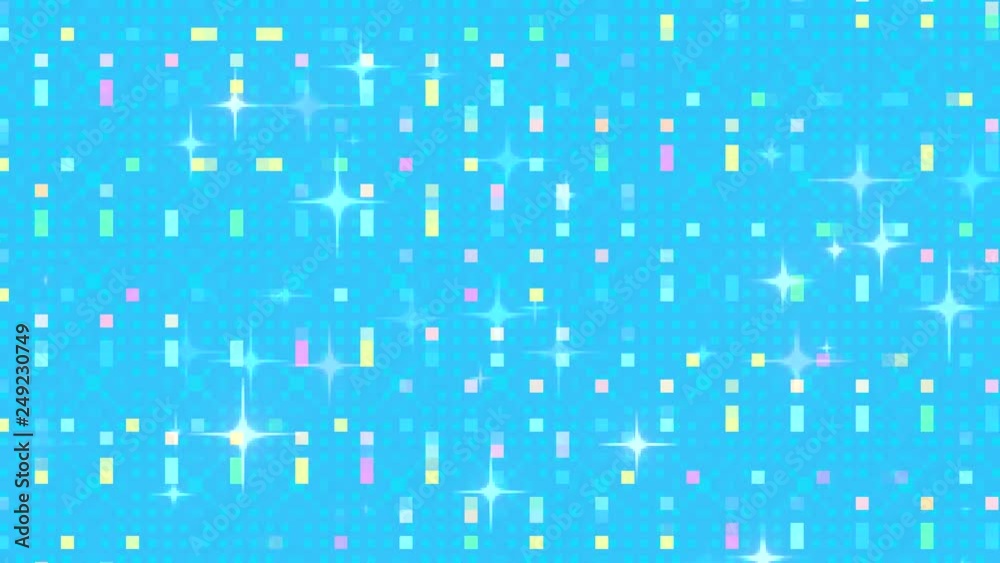 Pixel art style background with colorful blocks and shining lights effect on blue grid background. (Looped)