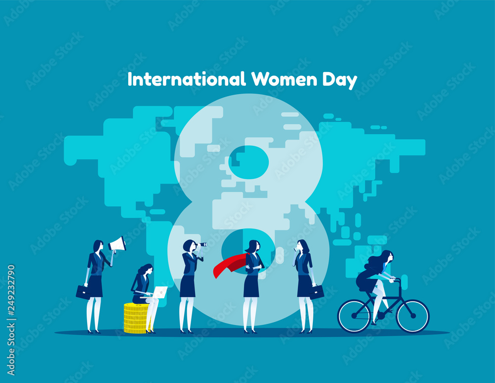 International women day. Concept 8 March vector illustration, Tex with office girls in flat style design, Template & banner, Card & poster.