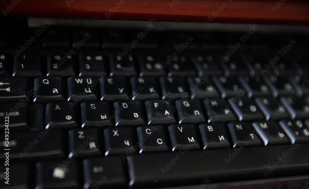 PC computer keyboard close up top side view working abstract background. Communication technology digital electronic device