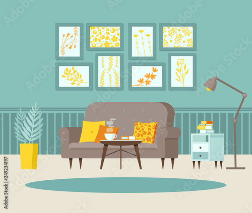 Cozy living room with sofa, bedside table with books, posters on the wall and striped wallpaper, lamp. Blue, grey and yellow. Vector illustration