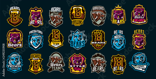 Set of aggressive bear emblems. Sports logo bear. The head of a forest predator, a wild beast. Colorful collection, vector illustration
