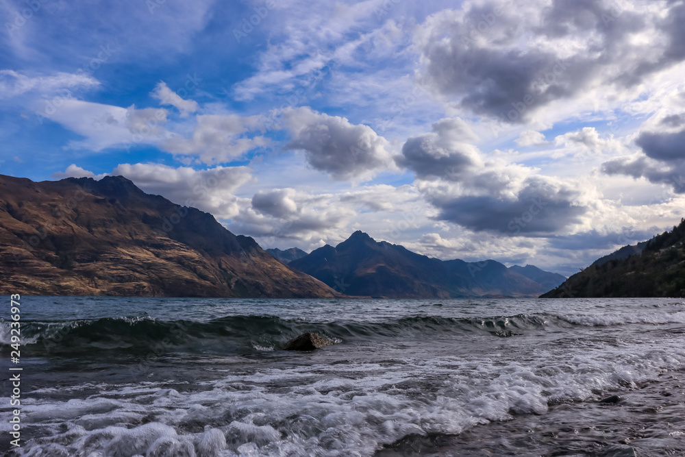 View of Walter peak from Queenstown over Wanaka lake in southern New Zealand