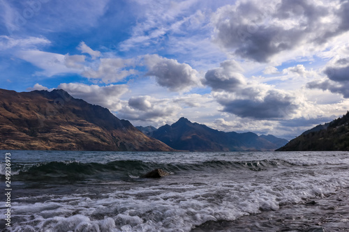 View of Walter peak from Queenstown over Wanaka lake in southern New Zealand