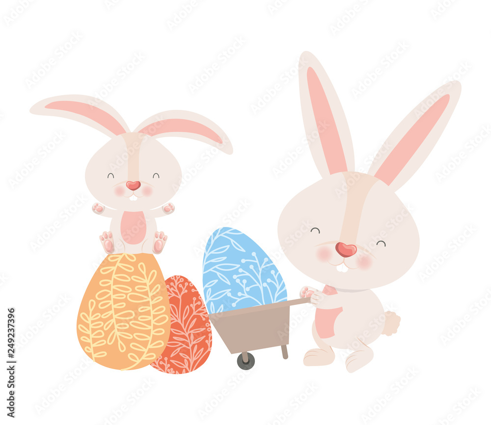 Obraz premium bunnies with wheelbarrow and easter eggs icon