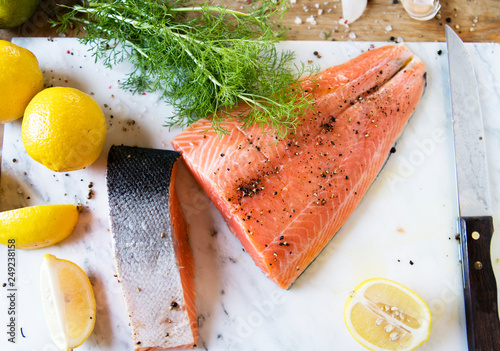 Photography Fresh sliced salmon on a cutting board