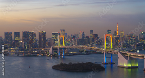 東京風景　夜景　レインボーブリッジ虹色ライトラップ　