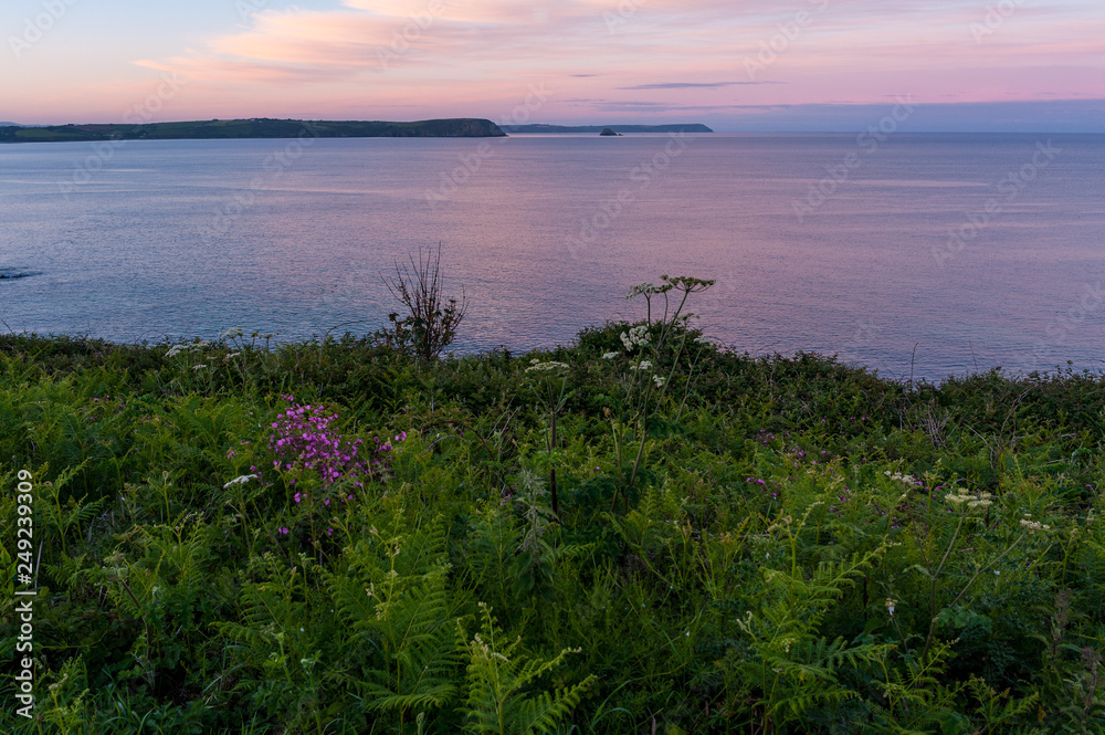 Vibrant colours of Cornish coast at dusk, Portscatho, Roseland Peninsula, Cornwall, England