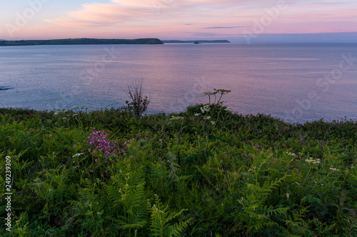 Vibrant colours of Cornish coast at dusk, Portscatho, Roseland Peninsula, Cornwall, England