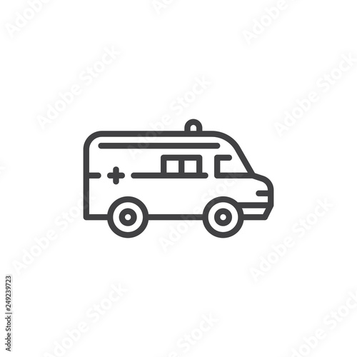 Ambulance car line icon. linear style sign for mobile concept and web design. Transportation, ambulance with siren and cross outline vector icon. Symbol, logo illustration. Pixel perfect vector 