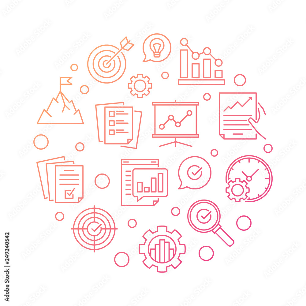 Business Goals and Objectives vector round red outline illustration on white background