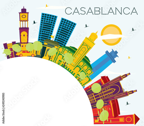 Casablanca Morocco City Skyline with Color Buildings, Blue Sky and Copy Space.
