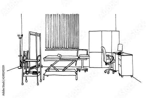 Graphic sketch, hospital, operating room, liner.