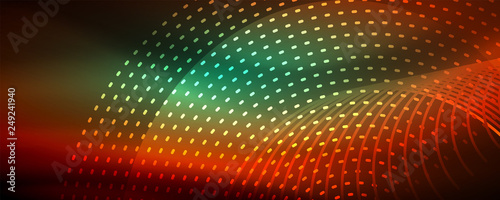 Glowing light particles in dark neon space, magic glow shiny abstract background