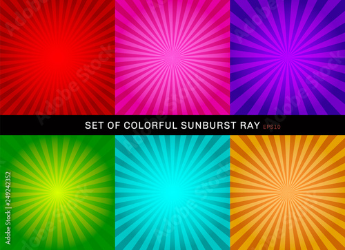 Set of retro shiny colorful starburst background. Collection of abstract sunburst radial red, pink, purple, green, blue, orange backgrounds. © rarinlada