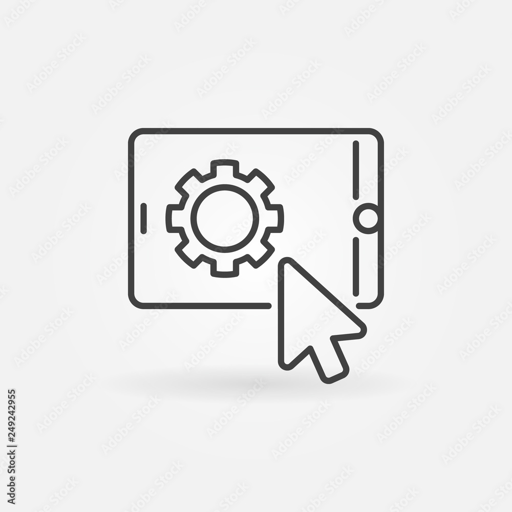 Click on tablet with gear vector concept icon or symbol in thin line style Click on tablet with gear vector concept icon or symbol in thin line style