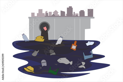 Garbage that flows through the sewer that came from the city, it made the fish unable to live Until it is water pollution. Concept flat style vector illustration environmental impact. -EPS10
