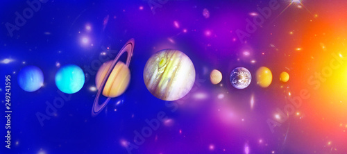 Planets of the solar system. Sun, Mercury, Venus, Earth, Mars, Jupiter, Saturn, Uranus, Neptune. Galaxy, nebulae, stars. Outer space. Wide format. Elements of this image furnished by NASA