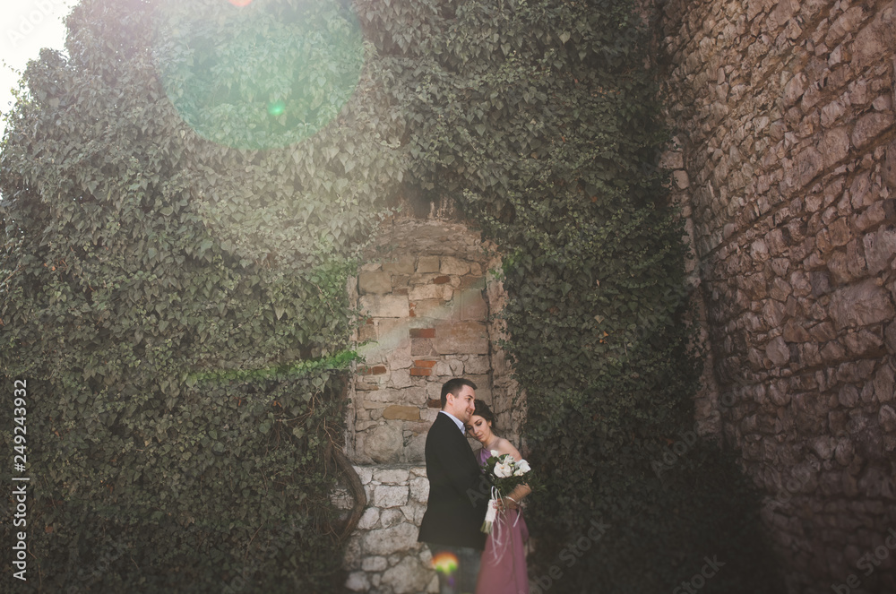 Luxury wedding couple hugging and kissing on the background gorgeous plants, cave near ancient castle