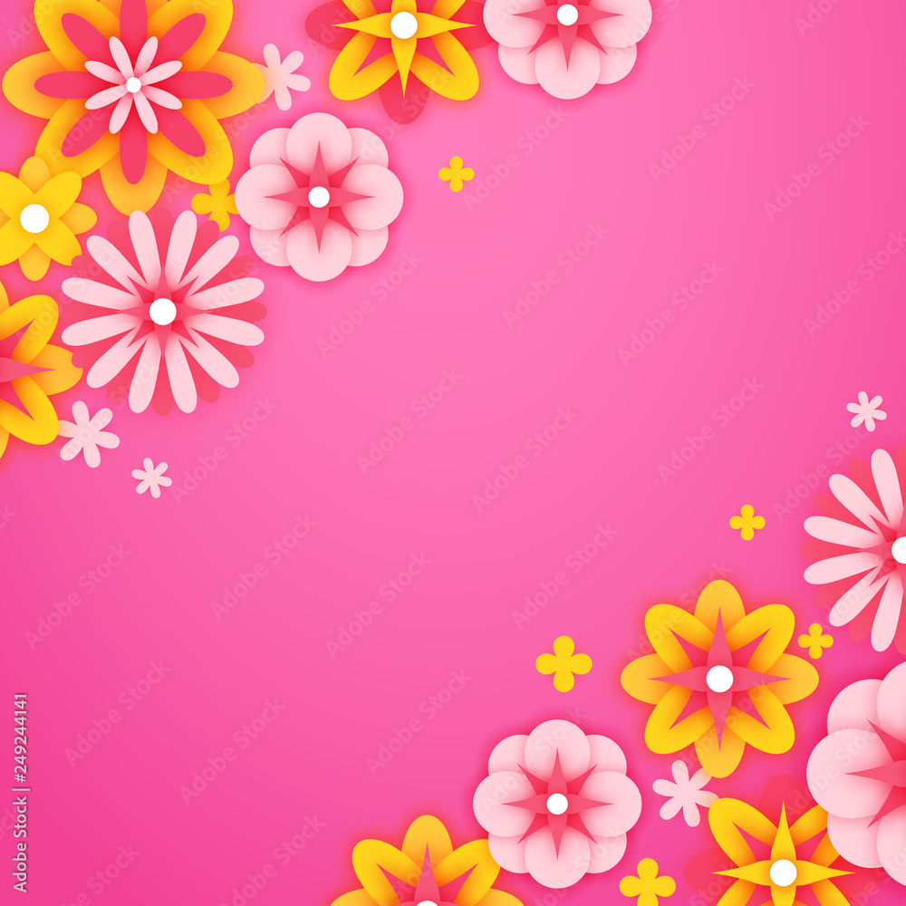 Background with colorful paper flowers, spring postcard, vector illustration