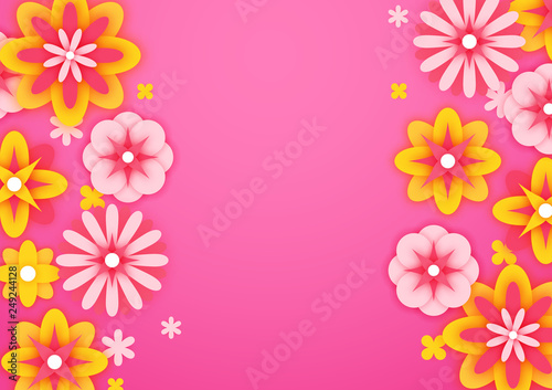 Background with colorful paper flowers, spring postcard, vector illustration