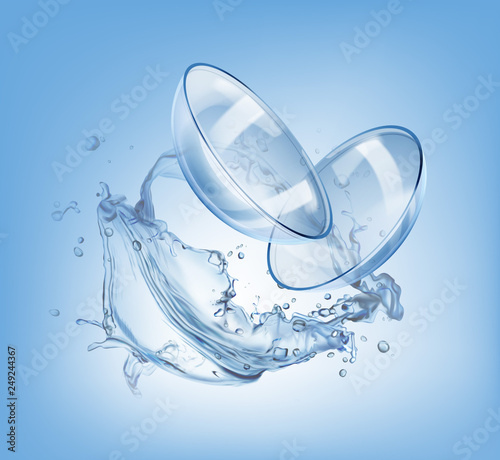 Vector illustration of realistic contact lenses for eyes in splashing water. Ads template on background
