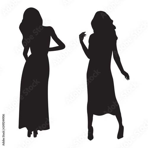 Vector silhouettes of young woman in evening dress