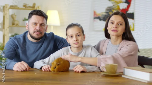 Lockdown of Caucasian family sitting together at wooden table, explaining vet what health problems their guiney pig has photo