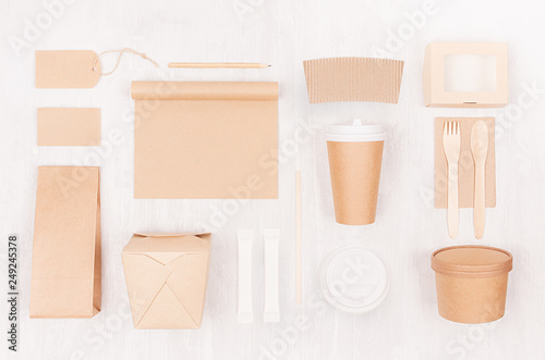 Food takeaway set mockup for brand - different container and box of kraft paper for asian cuisine, blank label, coffee cup  on white wood board.