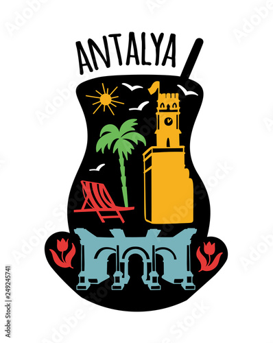 Antalya, Turkey. Travel illustration with symbols: Clock tower, Hadrian's gate, tulips, palms, beach, seagulls. Flat doodle landmarks in bright colors a shape of a traditional turkish tea glass. - Vec