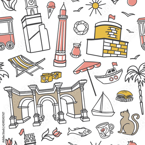 Antalya symbols. Hand drawn vector seamless pattern with outline doodles in pink, grey, yellow colors on white background. Modern clear line design for touristic print, backdrop, wrapping paper. - Vec