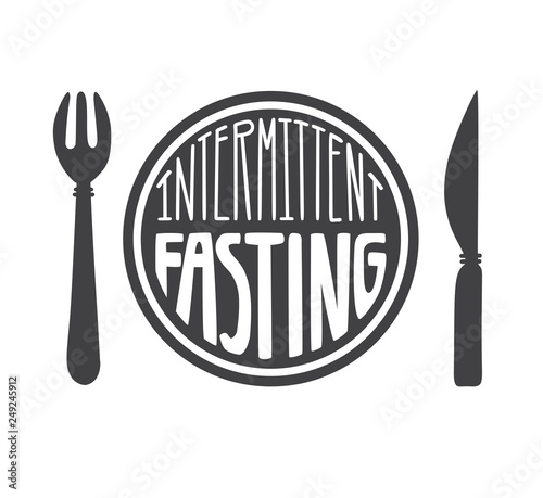 Intermittent Fasting. Vector illustration of a plate with a fork and a knife and hand lettering. Moder flat motivational card, poster, banner, leaflet design on healthy lifestyle and diet topic. - Vec