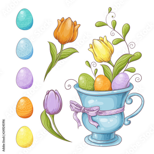 Fototapeta Naklejka Na Ścianę i Meble -  Set of Easter design elements. Eggs, tulips, flowers, willow, branches, basket, tulips, narcissus. Perfect for holiday decoration and spring greeting cards.