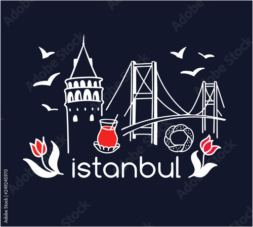 Modern vector illustration Istanbul with hand drawn doodle turkish symbols: Galata tower, tea glass, seagull, tulip, Bosphorus bridge, simit bagel. Simple minimalistic design with black outline. - Vec