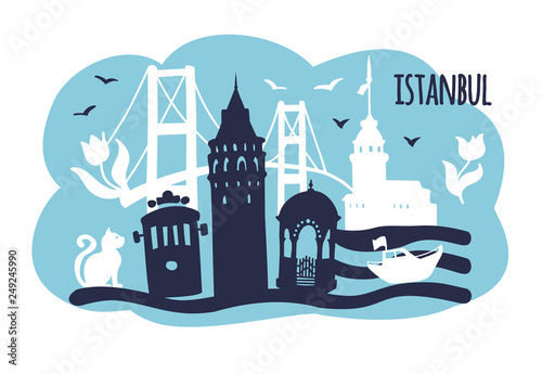 Vector illustration Istanbul with famous turkish landmarks and cute doodle flowers, cat and birds. Galata tower, retro tram, Maiden tower, Bosphorus bridge, the fountain. Modern card or leaflet design