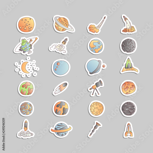 Cute cartoon space asrtonaut cosmos vector icon collection. Planet, rocket, observatory icons in one cute set, isolated on white background.
