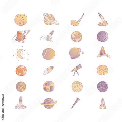 Cute cartoon space asrtonaut cosmos vector icon collection. Planet, rocket, observatory icons in one cute set, isolated on white background.