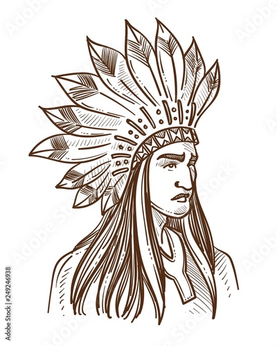 or Indian native American in feather hat sketch portrait © Sonulkaster