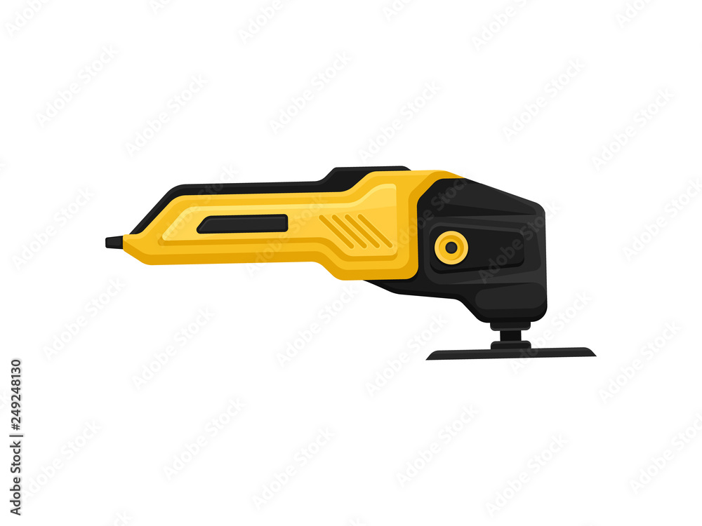 Yellow-black polishing machine or sander, side view. Professional power tool. Building equipment. Flat vector icon Yellow-black polishing machine or sander, side view. Professional power tool. Building equipment. Flat vector icon