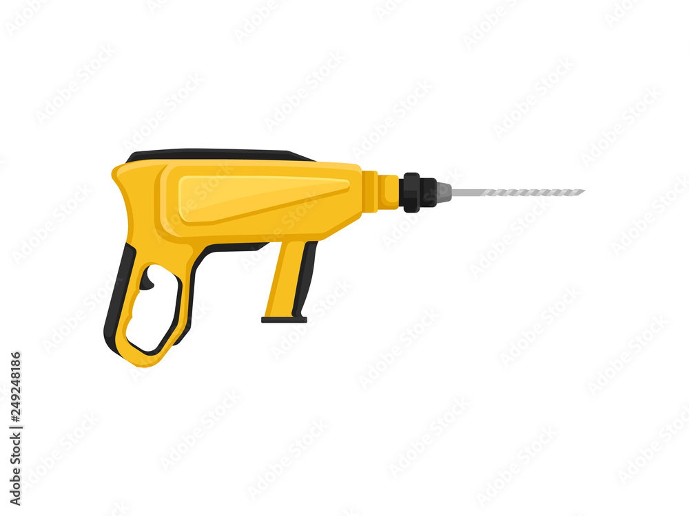 Electric hammer drill with twist drill bit. Power tool for construction works. Building equipment. Flat vector icon Electric hammer drill with twist drill bit. Power tool for construction works. Building equipment. Flat vector icon