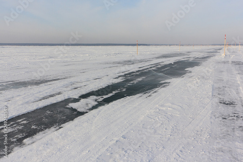 Ice road   river crossing on the Ob reservoir  Novosibirsk region  Western Siberia  Russia