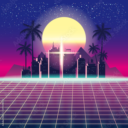Fotografie Synthwave Retro Futuristic Landscape With City Palms, Sun, Stars And Styled Laser Grid