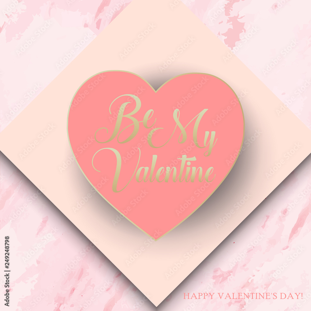 Be Mine Valentine - Lettering, Happy Valentine's Day Modern Abstract Poster, Paper ART, Pink Heart, Coral Marble background, greeting card Love Romance, Friends, Wedding, Birthday, Anniversary Vintage