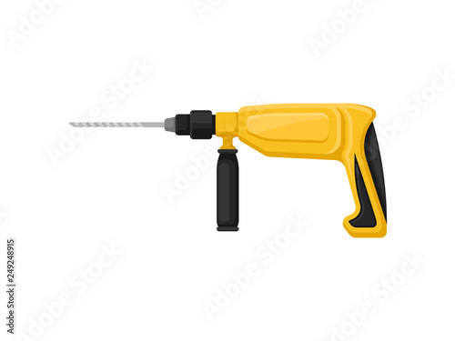 Rotary hammer with twist drill bit. Power tool. Building equipment. Instrument for construction works. Flat vector icon