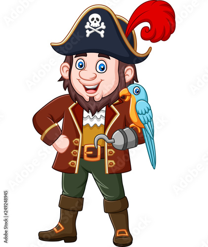 Cartoon pirate captain and macaw bird