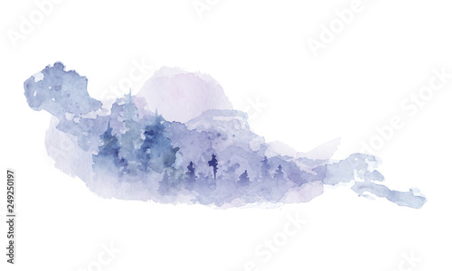 Watercolor abstract silhouette of a forest with pine trees 