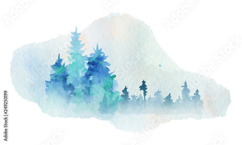 Watercolor abstract silhouette of a forest with pine trees 