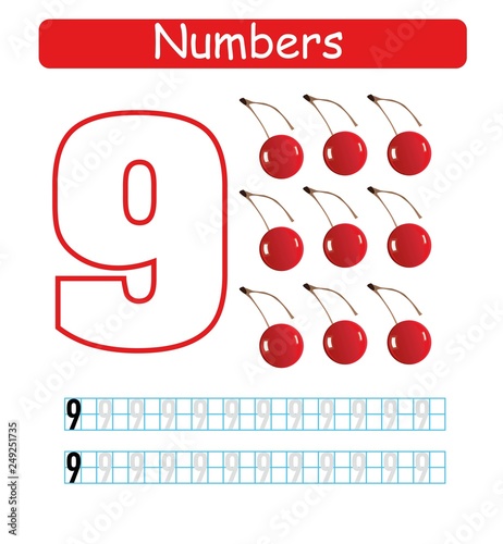 Coloring printable worksheet for kindergarten and preschool. Learn and train to write numbers. Nine.