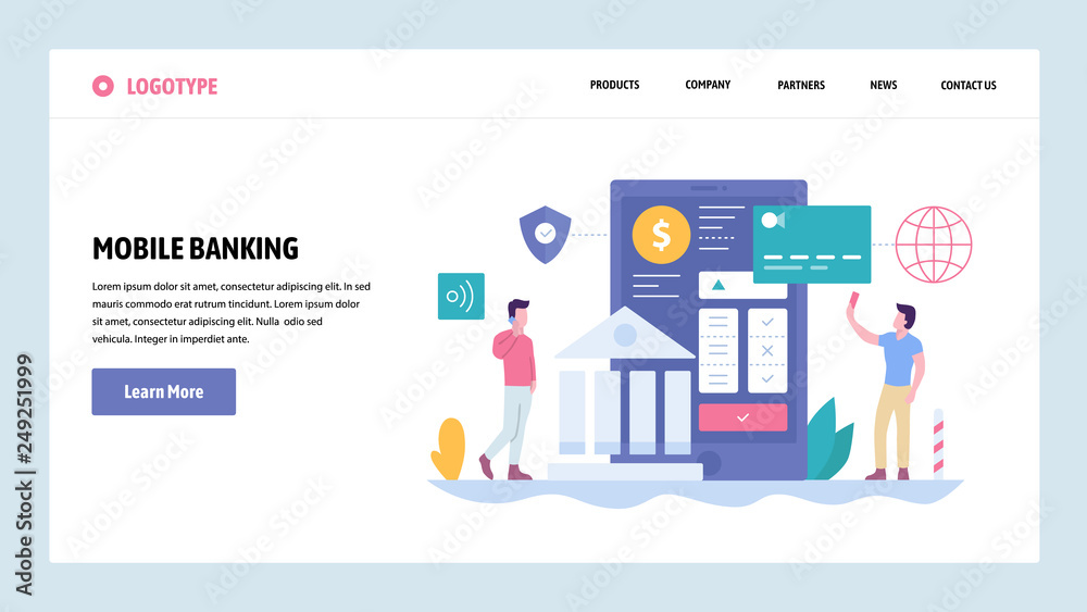 Vector web site gradient design template. Online digital bank and internet payments. Secure money transfer from mobile phone. Landing page concepts for website and mobile development. Illustration.