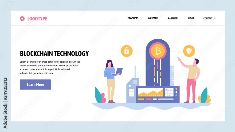 Vector web site gradient design template. Blockchain technology and cryptocurrency. Online digital money, bitcoin, ethereum. Landing page concepts for website and mobile development. illustration.