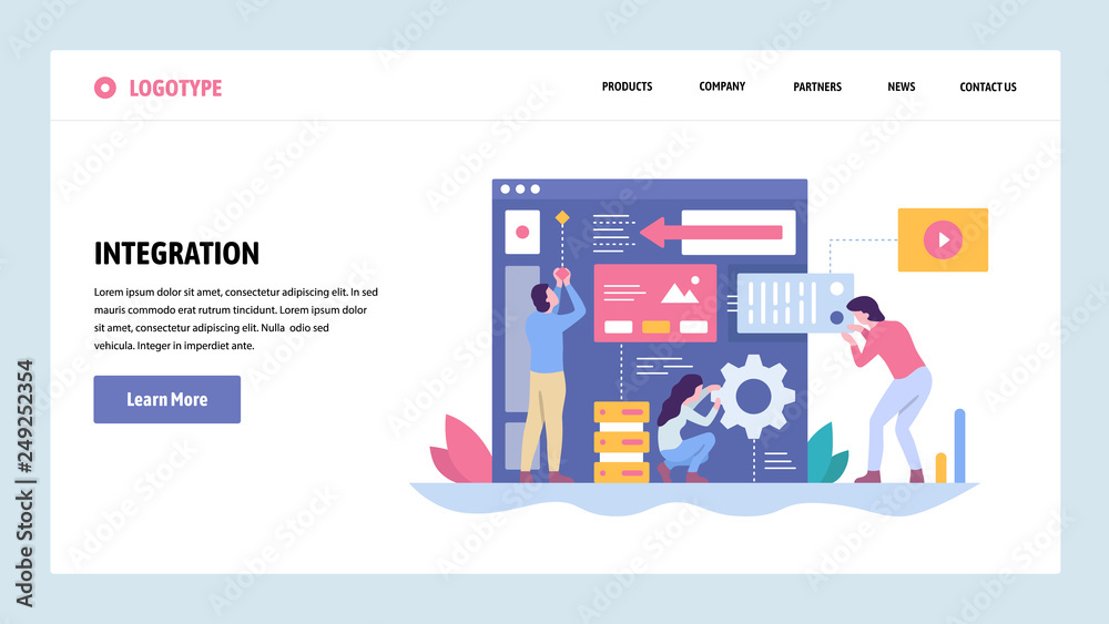 Vector web site gradient design template. Software and website development. Team building new app integration. Landing page concepts for website and mobile development. Modern flat illustration. Vector web site gradient design template. Software and website development. Team building new app integration. Landing page concepts for website and mobile development. Modern flat illustration.